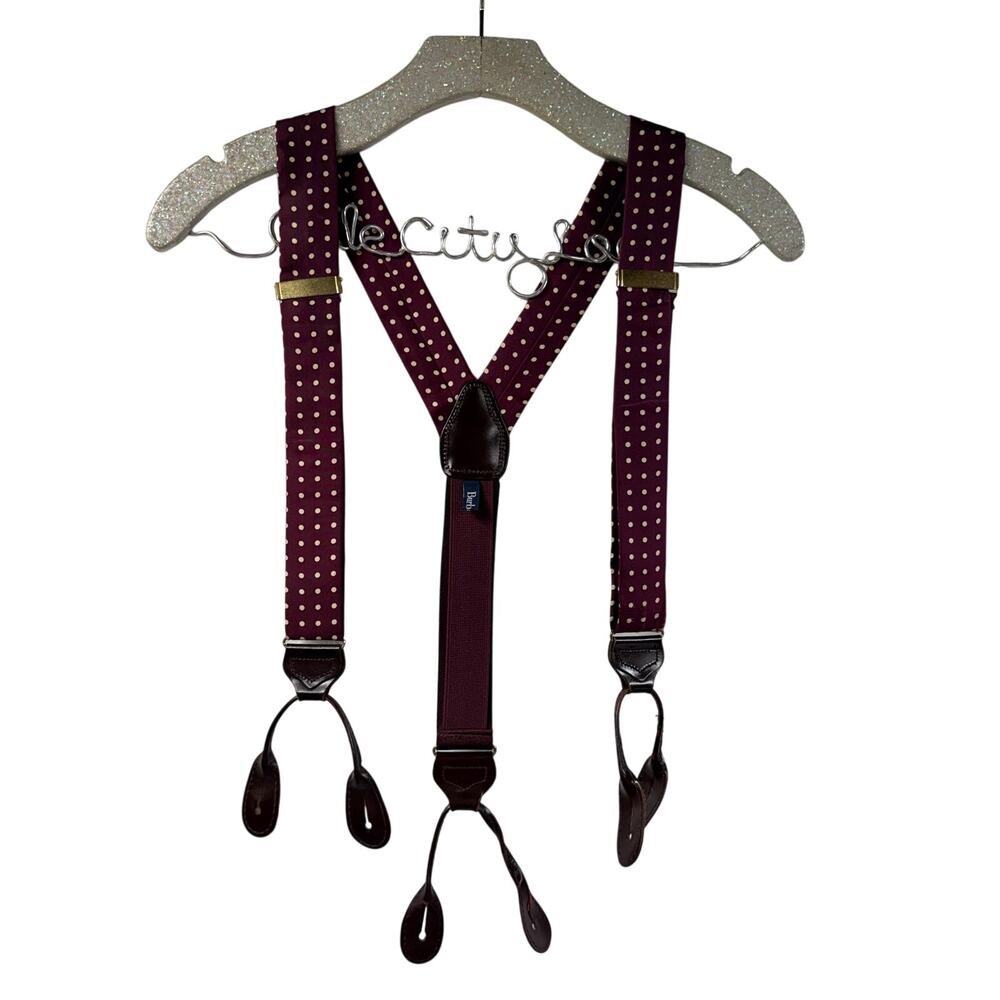Burberrys Suspenders Maroon Polka Dot England Button On Vintage Leather Brace